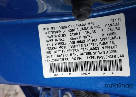 2018 Honda Civic Ex from USA, damaged, VIN 2HGFC2F7XJH547194